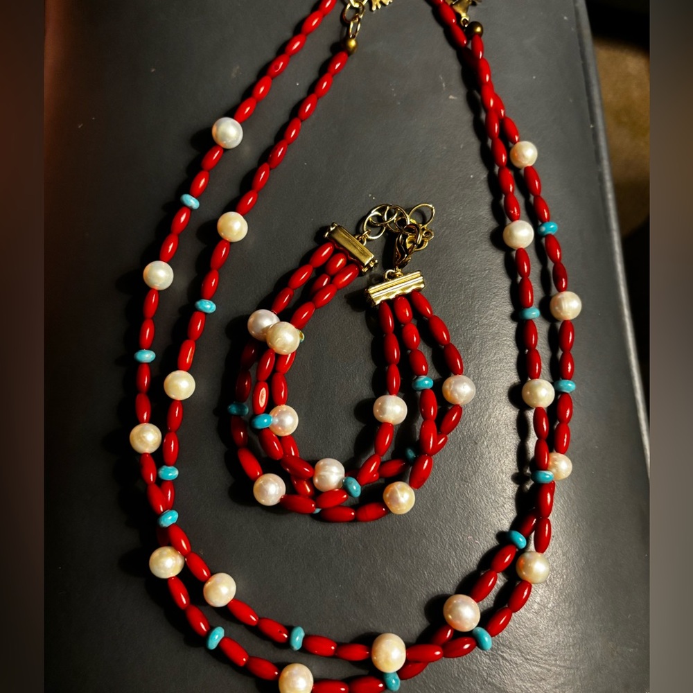 American West Red coral and cultured pearl Necklaces and Bracelet Set